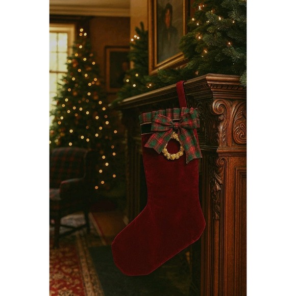 The Unbranded Brand Other - VTG Burgundy Velvet Christmas Stocking Tartan Plaid Gold Wreath Picture Frame